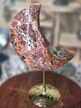 Red Ocean Jasper Moon Crystal Stone With Gold Stand FREE SHIPPING B